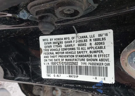 2016 Honda Civic Ex-T z USA, uszkodzony, nr VIN 19XFC1F37GE032602